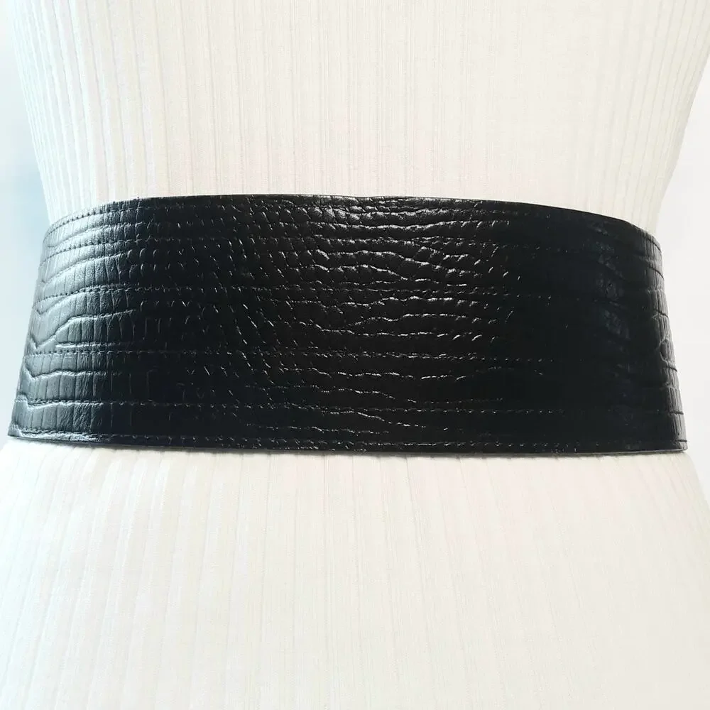 Abbe' Creations Womens Black Crocodile Embossed Genuine Leather Wide Belt Small